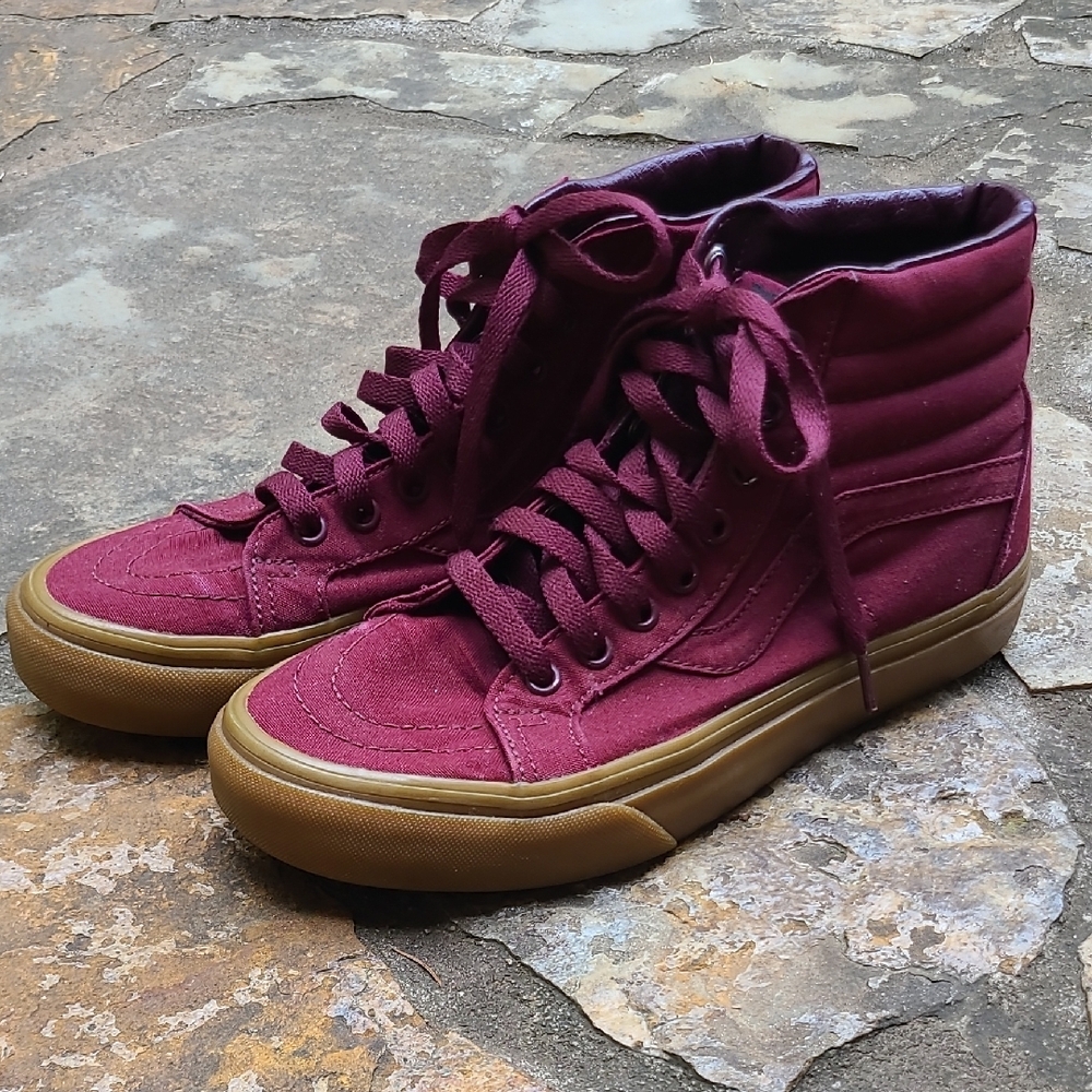Vans Sk8 Burgundy Maroon High-Top Sneakers with Canvas Upper Mens 7 Womens 8.5